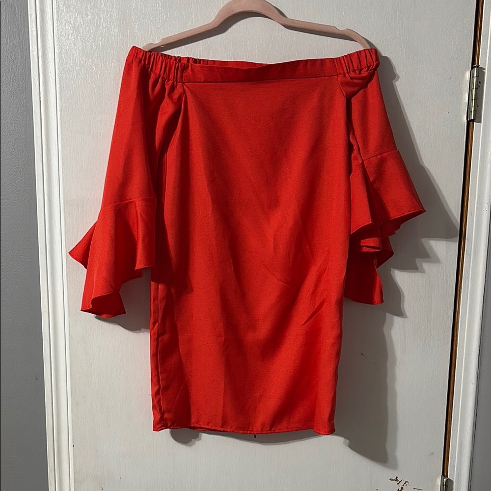 Missguided Off-Shoulder Orange Dress with Flared Sleeves